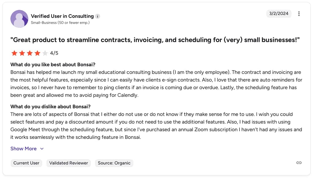 bonsai user review from g2
