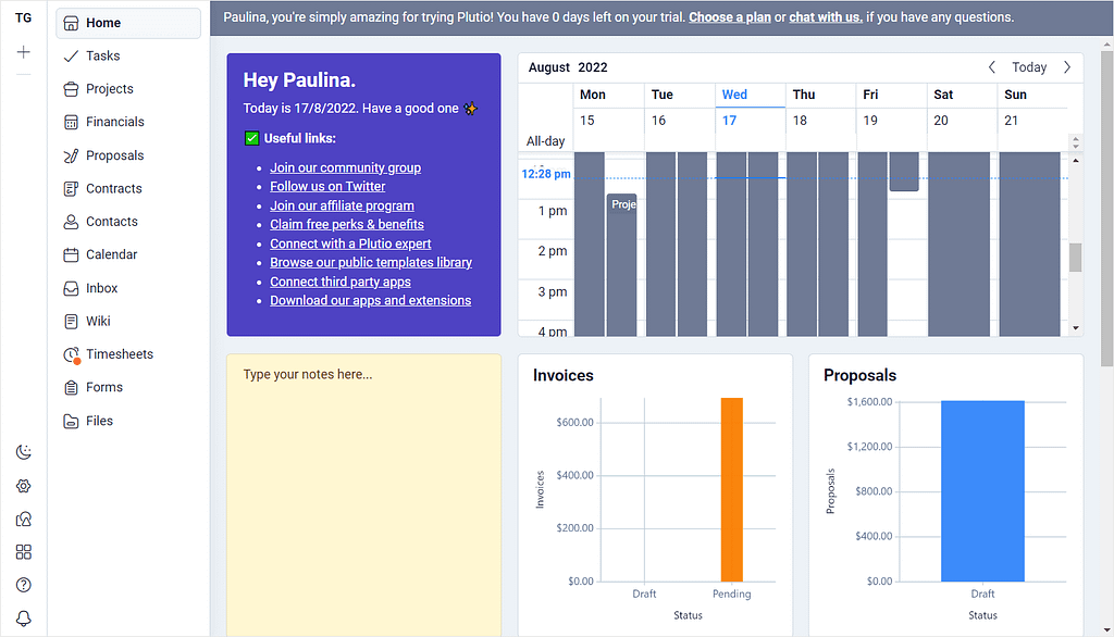 Plutio's main dashboard
