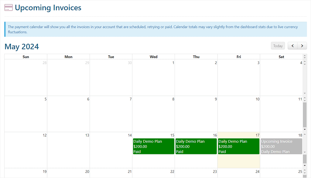 PayWhirl's client portal dashboard with a payment calendar
