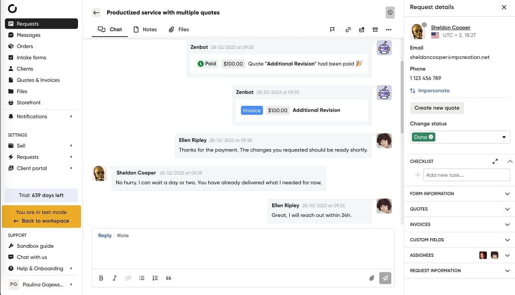 Screenshot of Zendo'c chat within a request