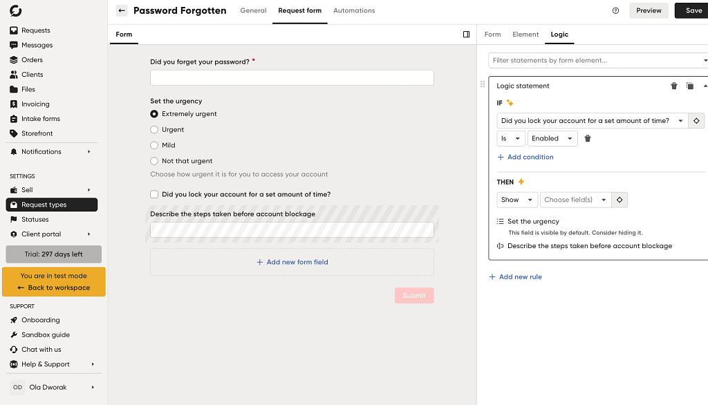 logic settings in client request form