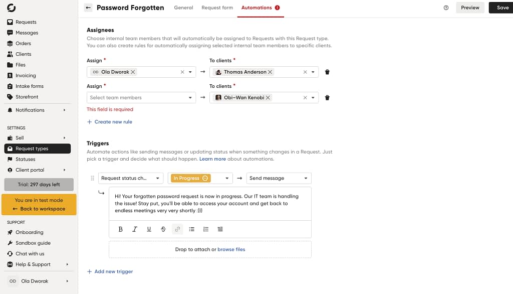 automations in client portal zendo