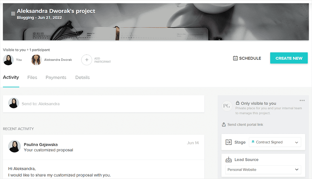 Screenshot of HoneyBook's Client Portal.