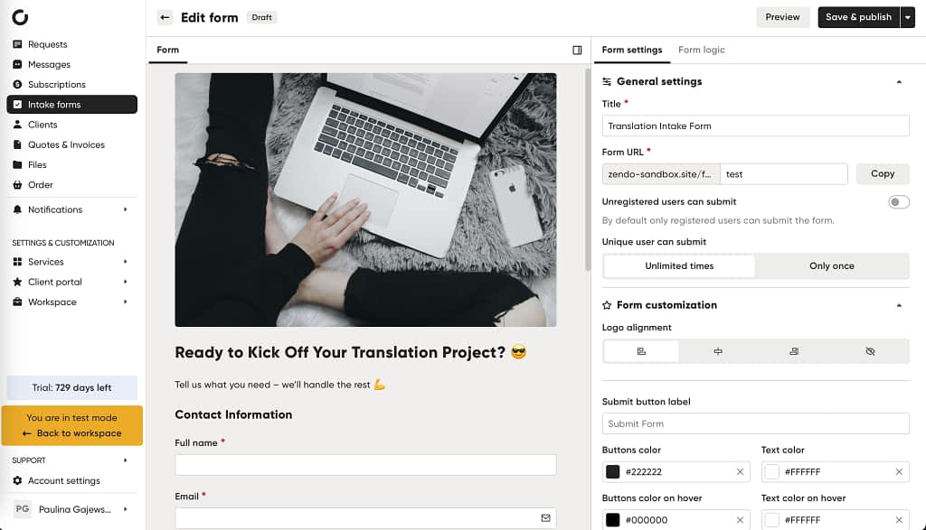 Intake form editor in Zendo