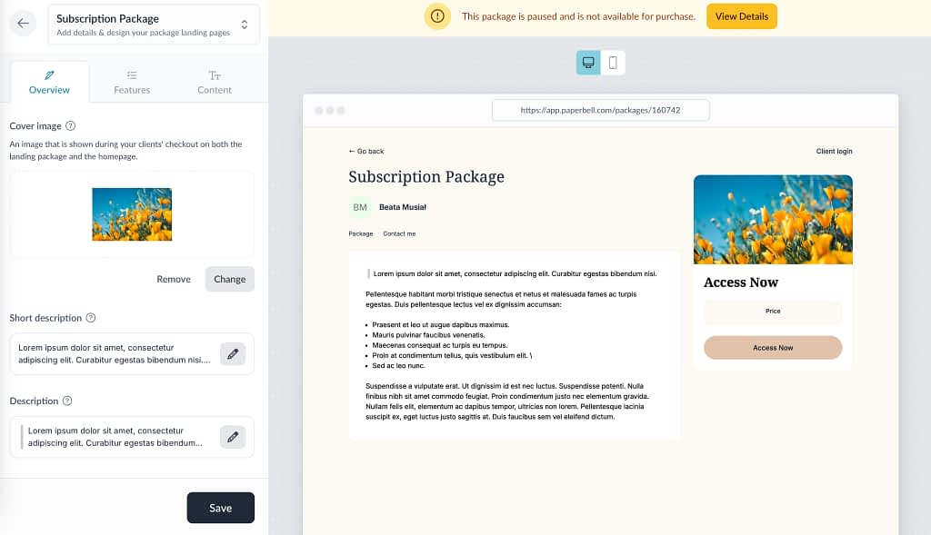Paperbells' Landing Page Editor, where you can showcase your packages