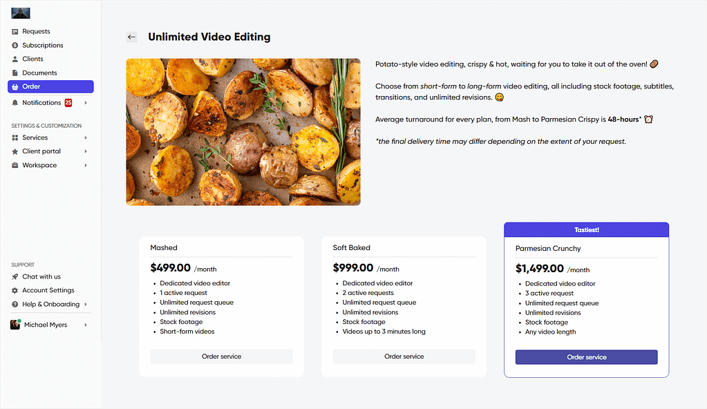 Example page for ordering a subscription service through Zendo