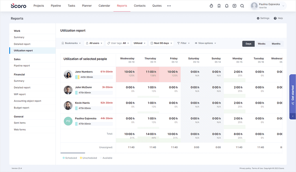 Screenshot of Scoro's utilization report.