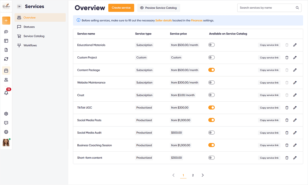 Zendo's Services tab