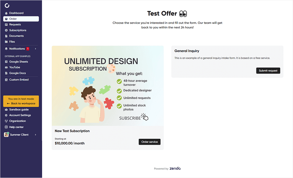 Setting up a test offer in Zendo's Sandbox mode