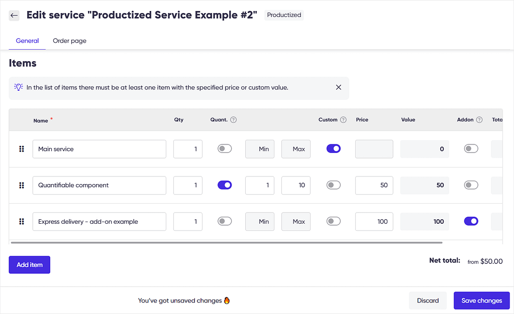 Screenshot of Zendo's productized service with items.