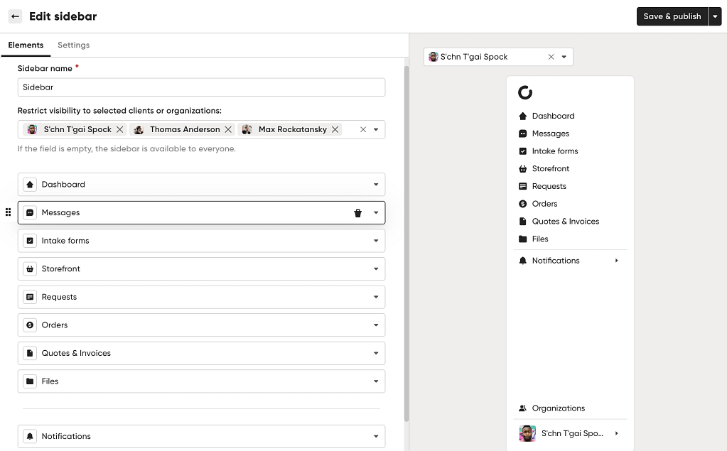 menu and sidebar customization in client portal