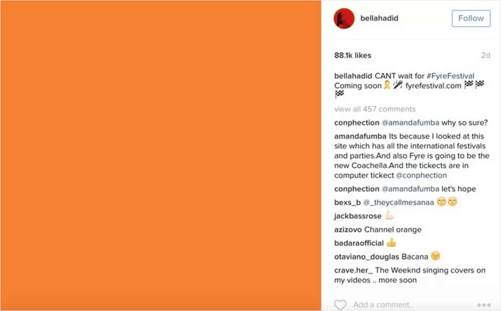 Instagram post by bellahadid. Orange square with the caption: "CANT wait for #FyreFestical Coming soon fyrefestival.com"