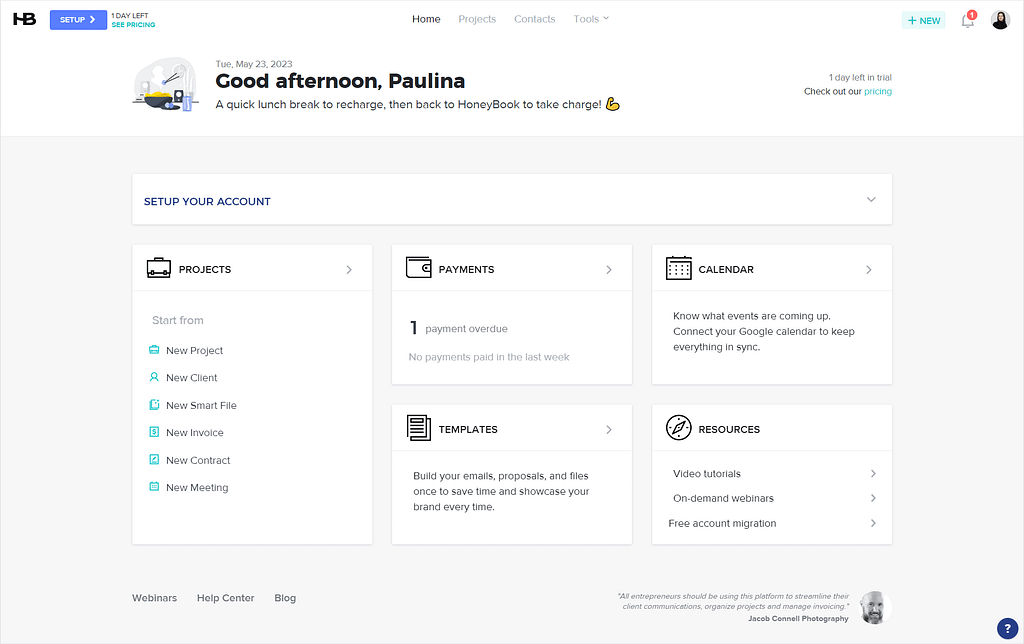 Screenshot of HoneyBook's dashboard.