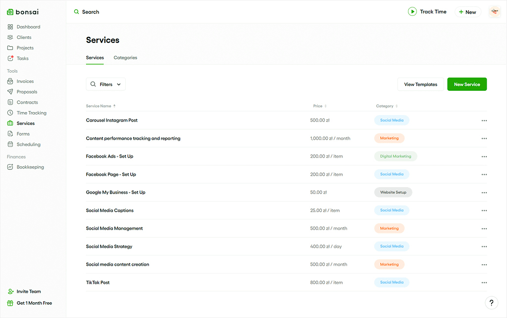 Bonsai's list of services