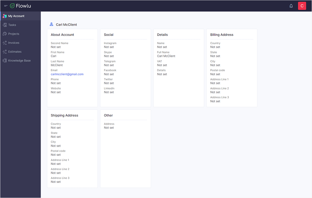 Client details in Flowlu's Client Portal