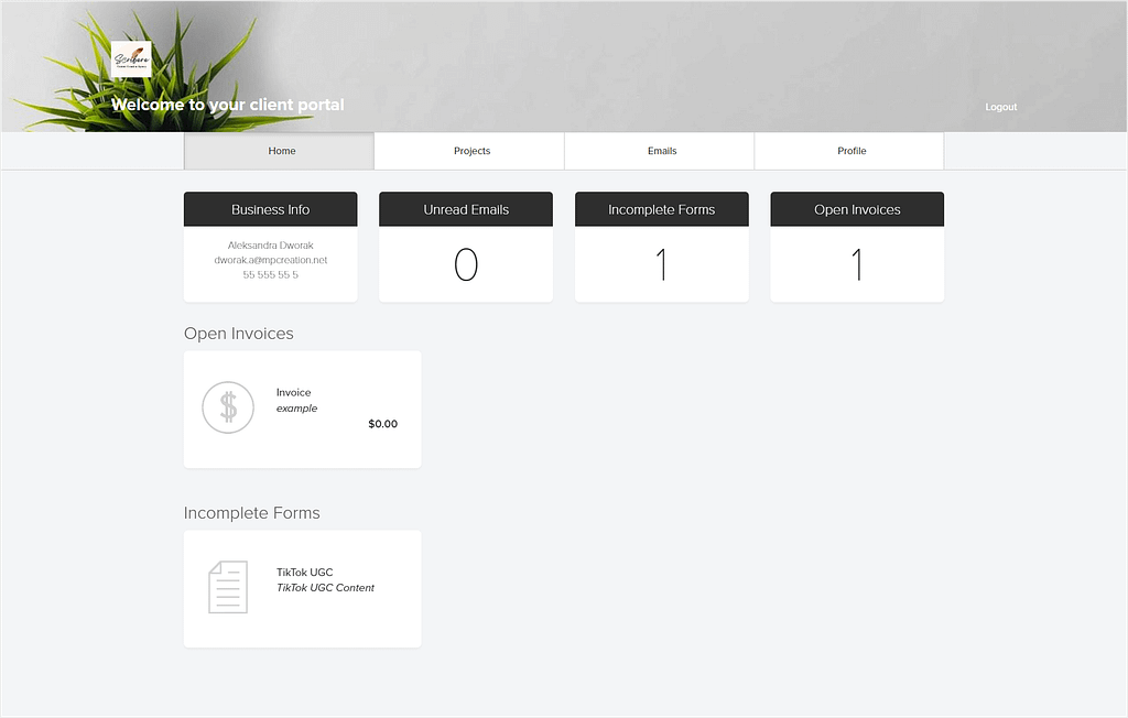 Dubsado client portal - home tab