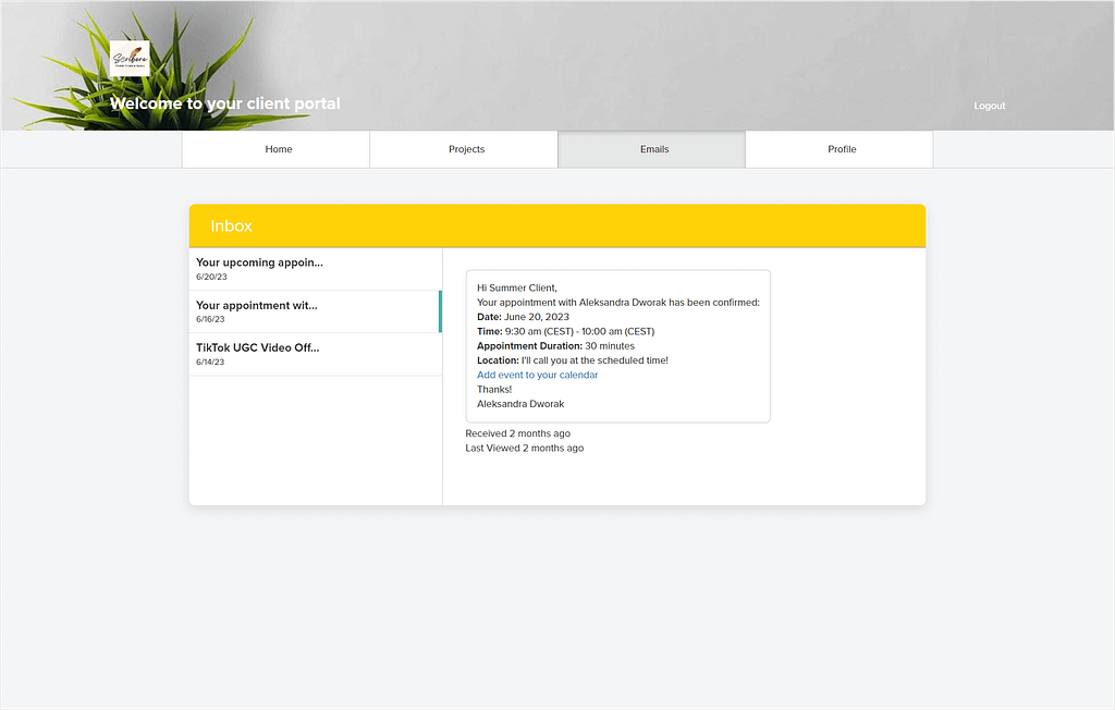 Email conversation overview in Dubsado client portal