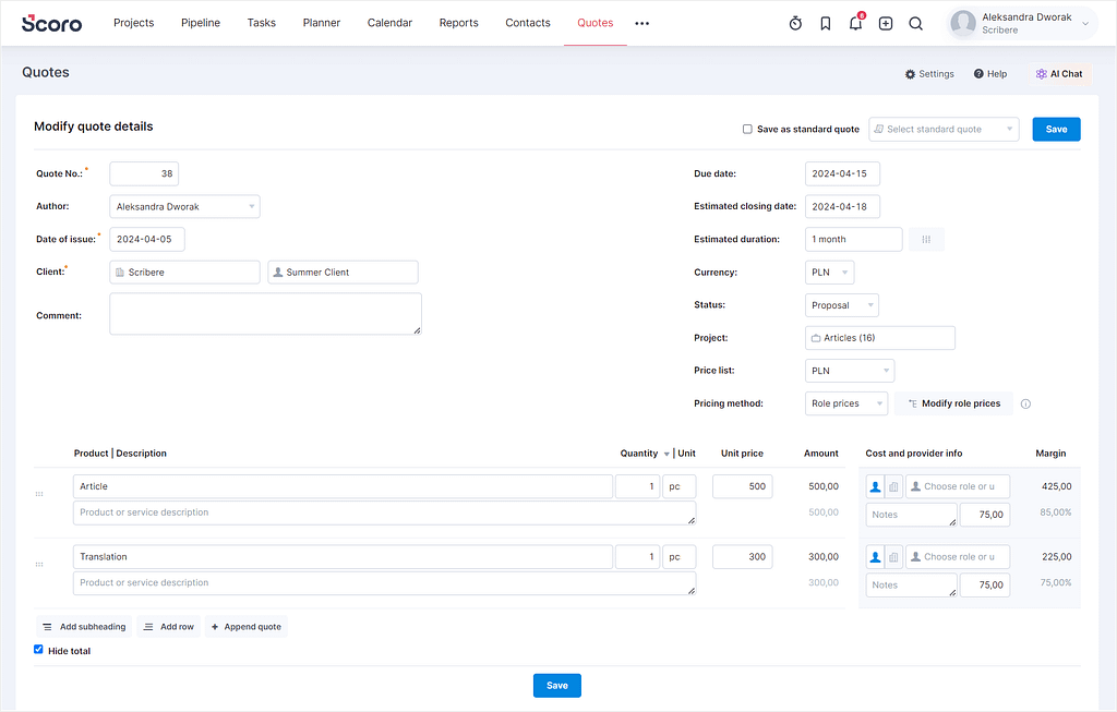 Quotes in Scoro, detailed quote creator view
