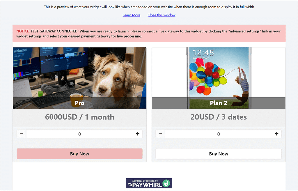 Example checkout page created in PayWhirl