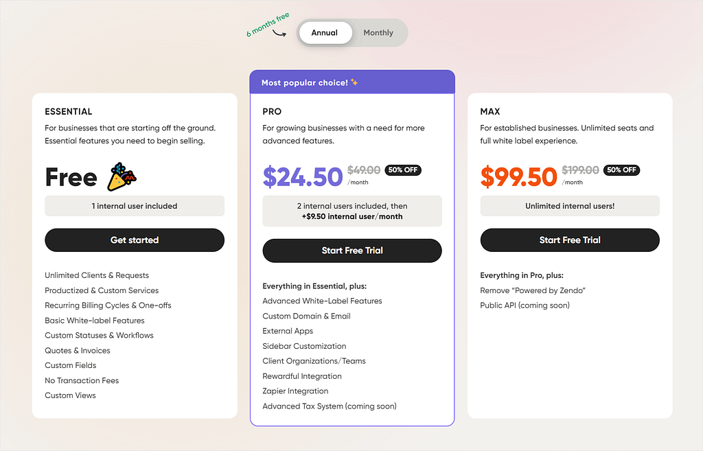 Screenshot of Zendo pricing.