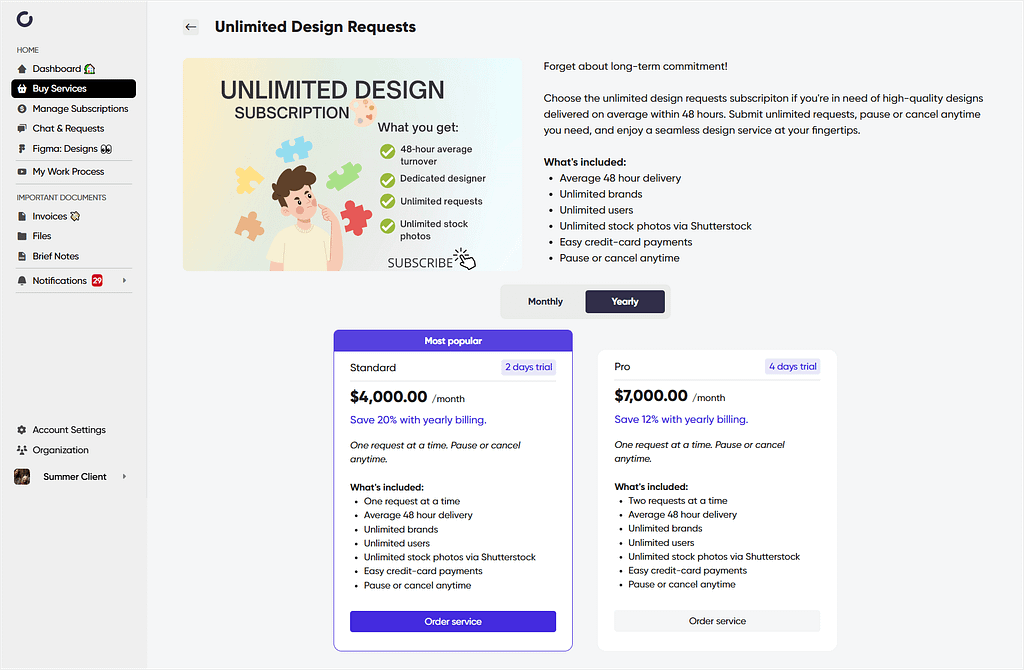 Ordering a subscription service through Zendo in client's POV