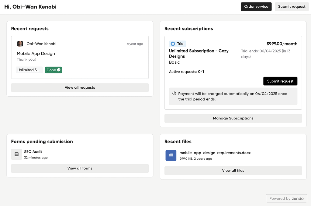 Client's dashboard on Zendo with forms pending submission, among others.