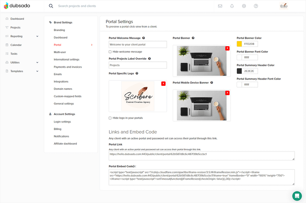 Dubsado client portal customization settings