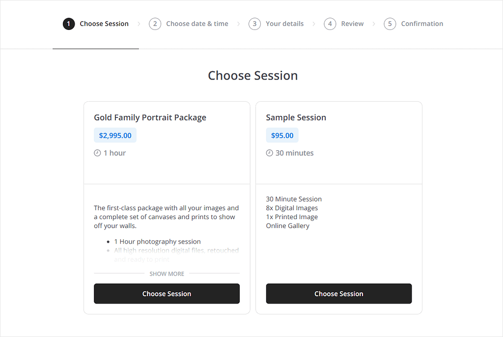 Screenshot of Studio Ninja's booking page.