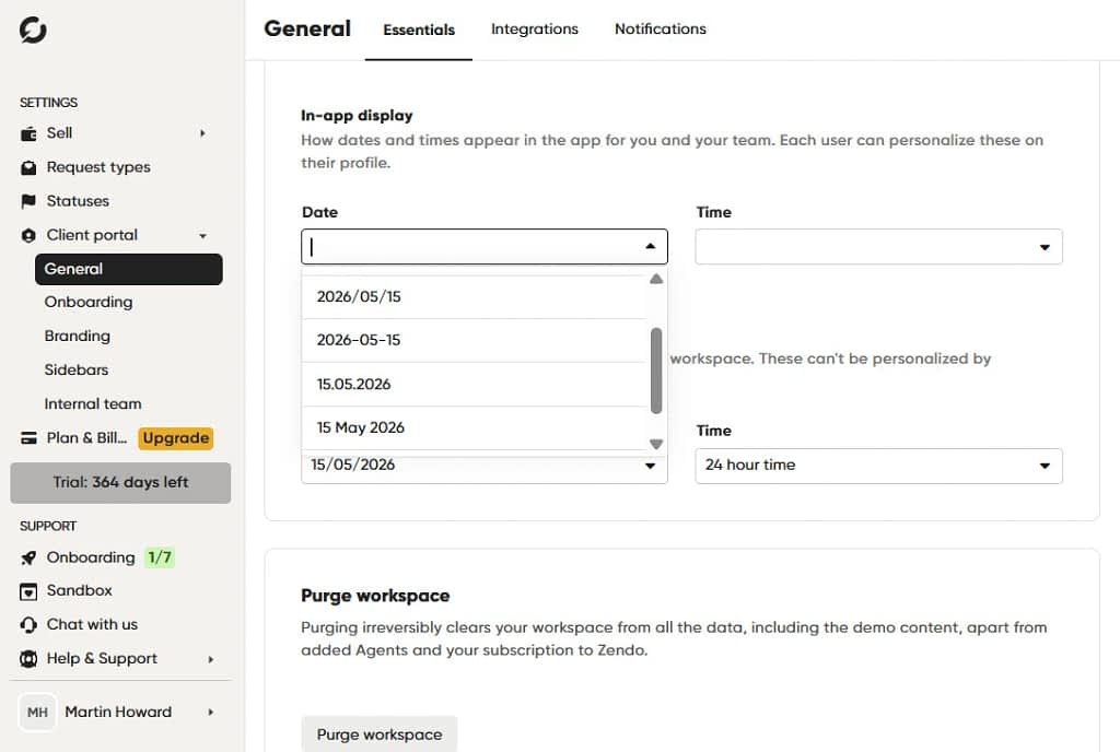 time control features in client portal