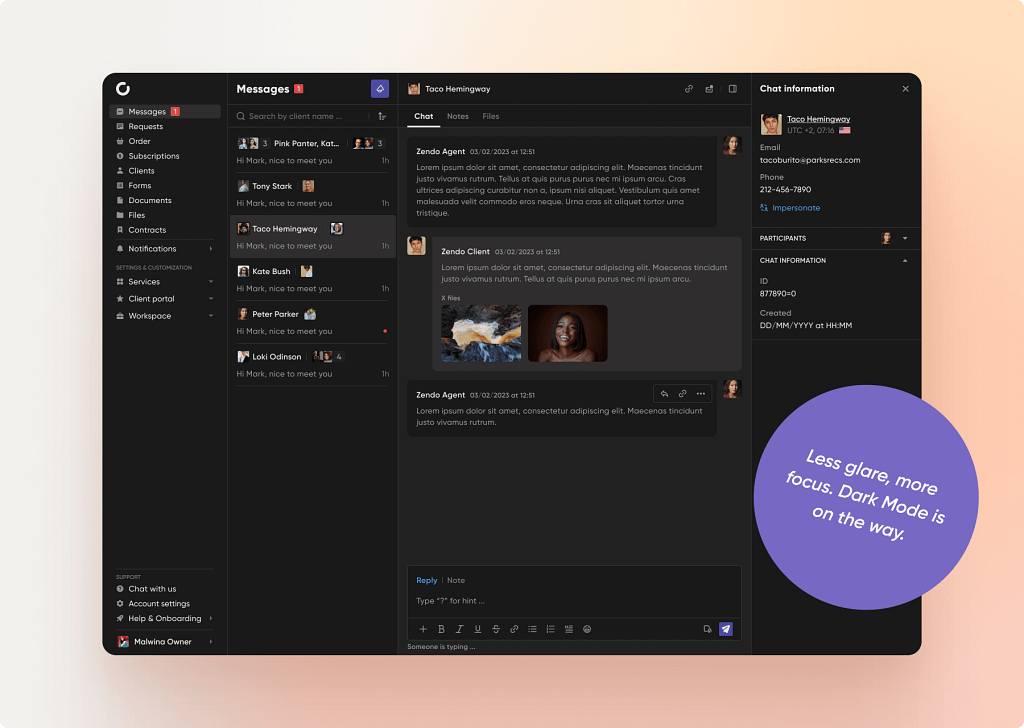 dark mode in Zendo 3.0 all in one selling productized services software