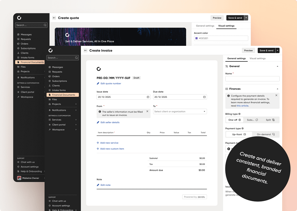 handling payment and invoices in Zendo 3.0 software for selling services