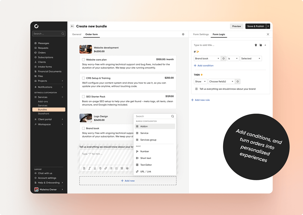 order form design and settings in innovative client portal Zendo 3.0