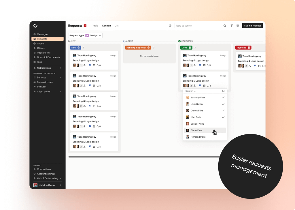 work managment in client portal with kanban