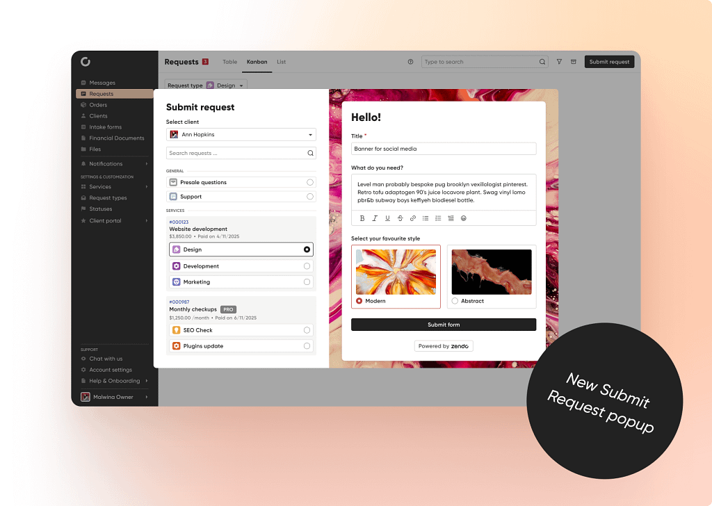 request management and customization in zendo client portal