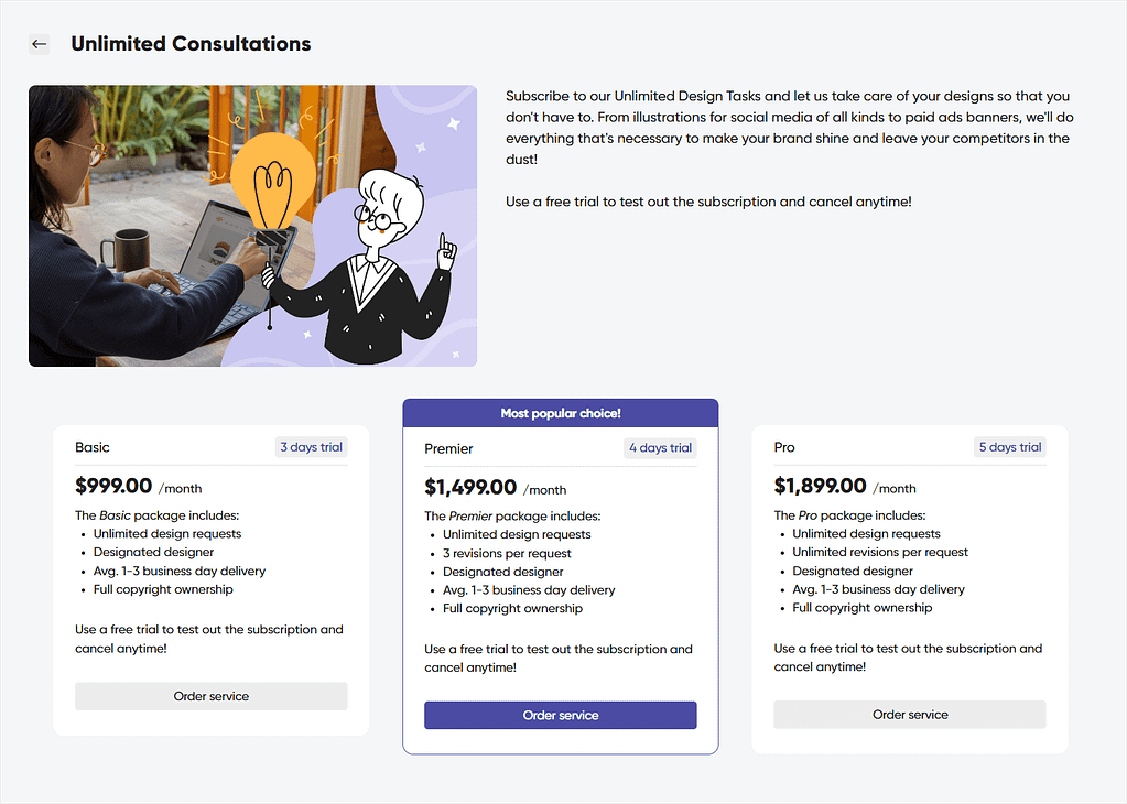Example checkout in Zendo showing three subscription plans, a highlighted option, a description of the service, and an image