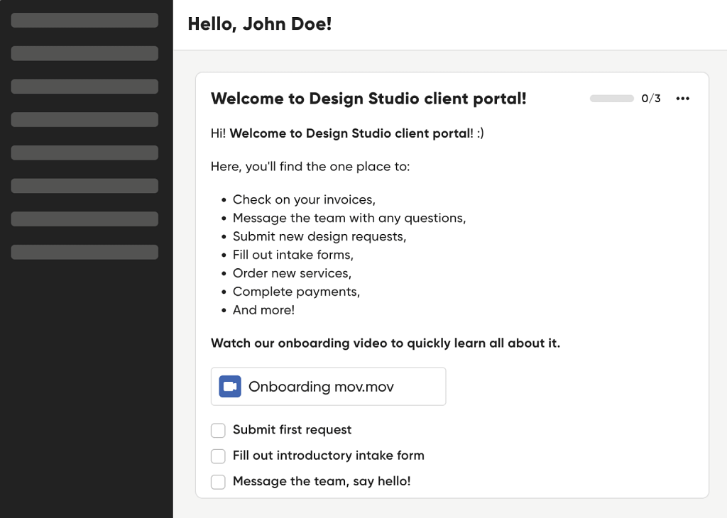 client onboarding welcome screen