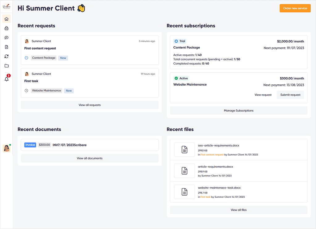 Zendo from a client POV - client dashboard