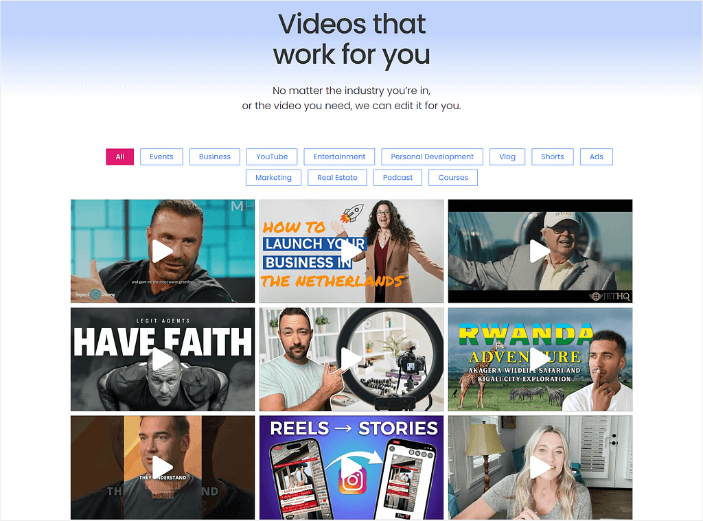 ClipMasters' page showing videos they've done for past clients