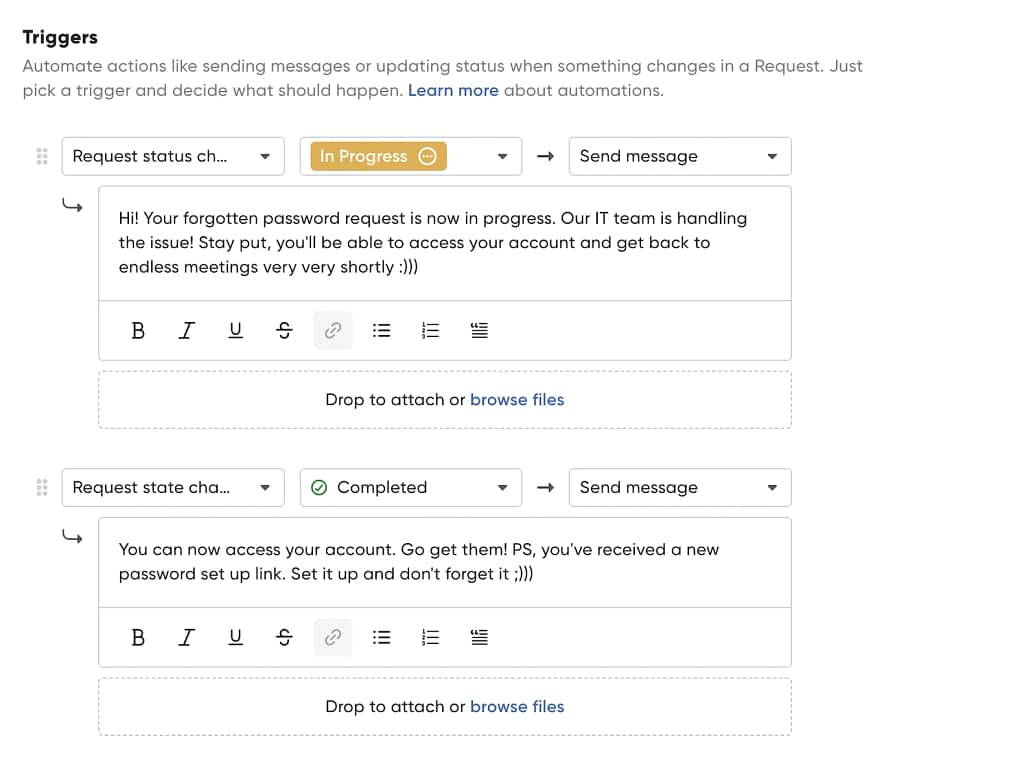 using triggers for automations in zendo client portal software