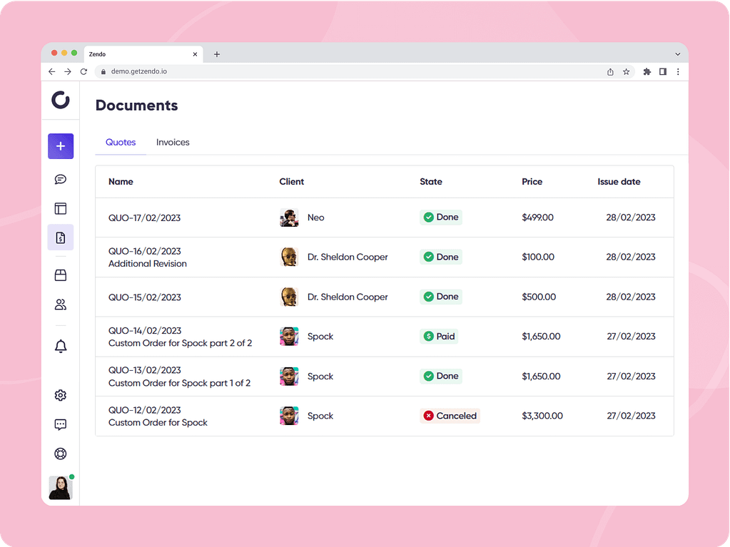 Screenshot of the documents tab in Zendo.