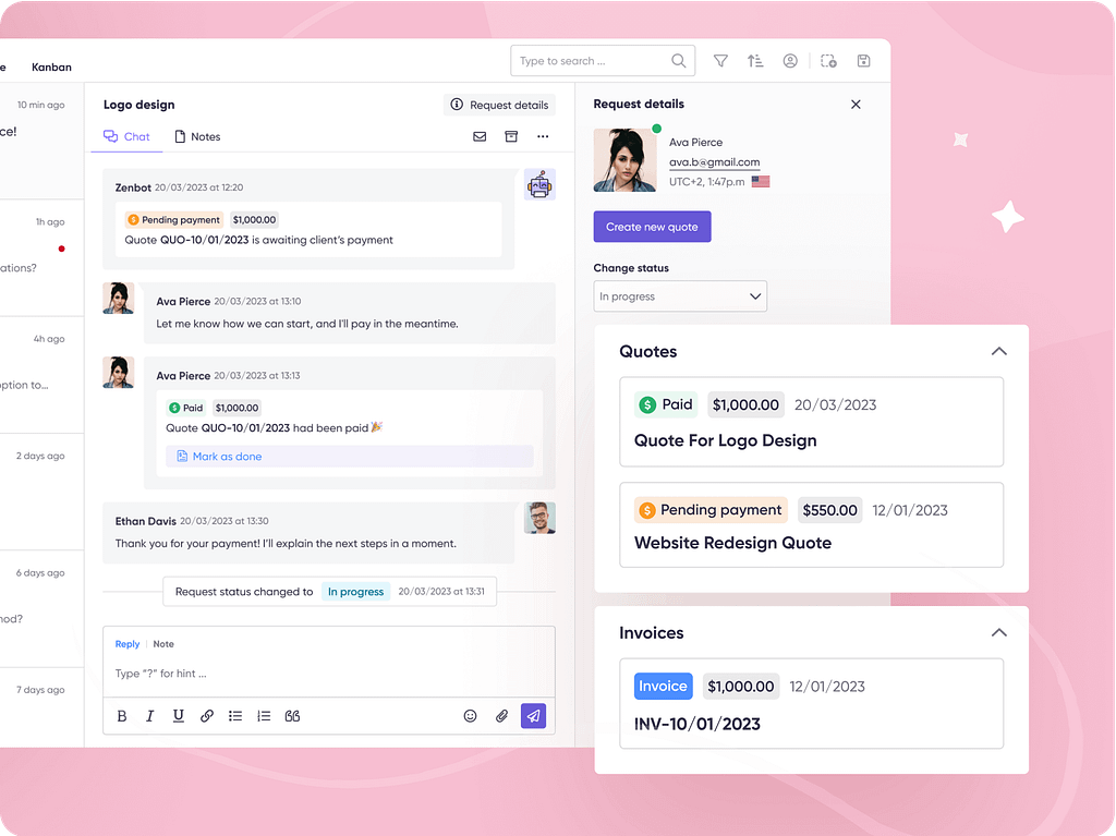 Screenshot of quotes and invoices in Zendo.