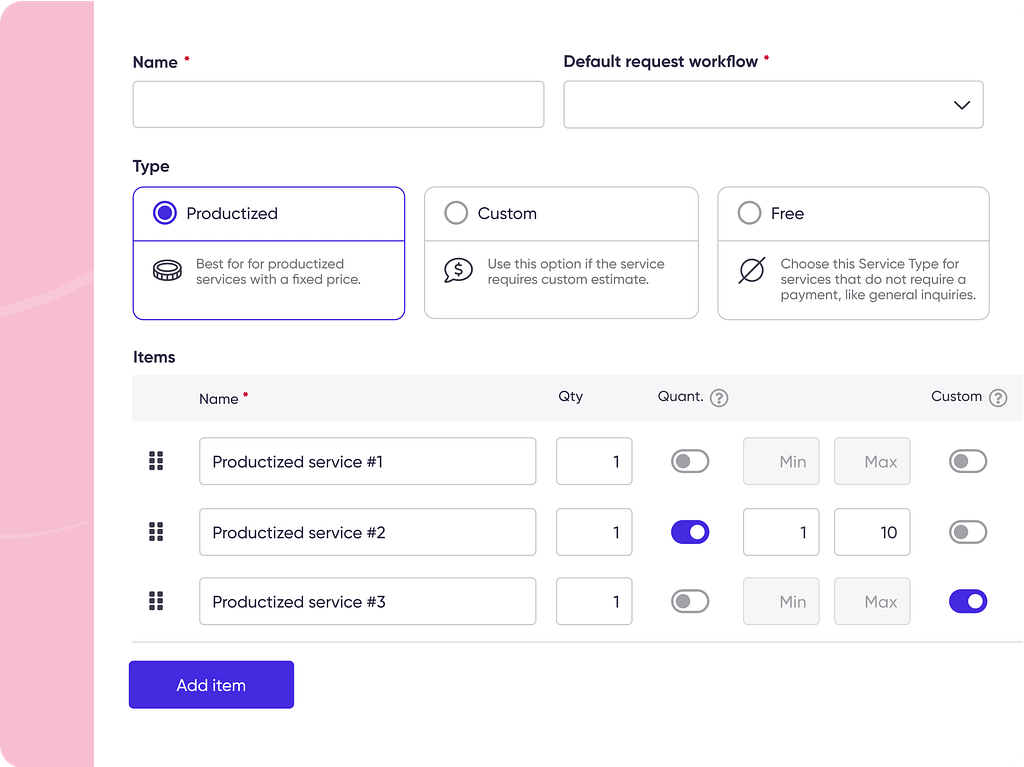 Screenshot of Zendo's service types (productized, custom, free).