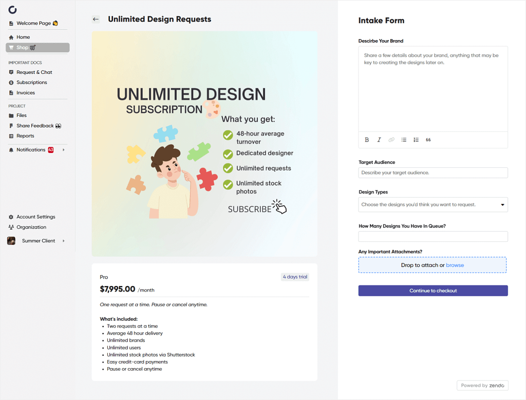Example order form and service order page in Zendo's client portal
