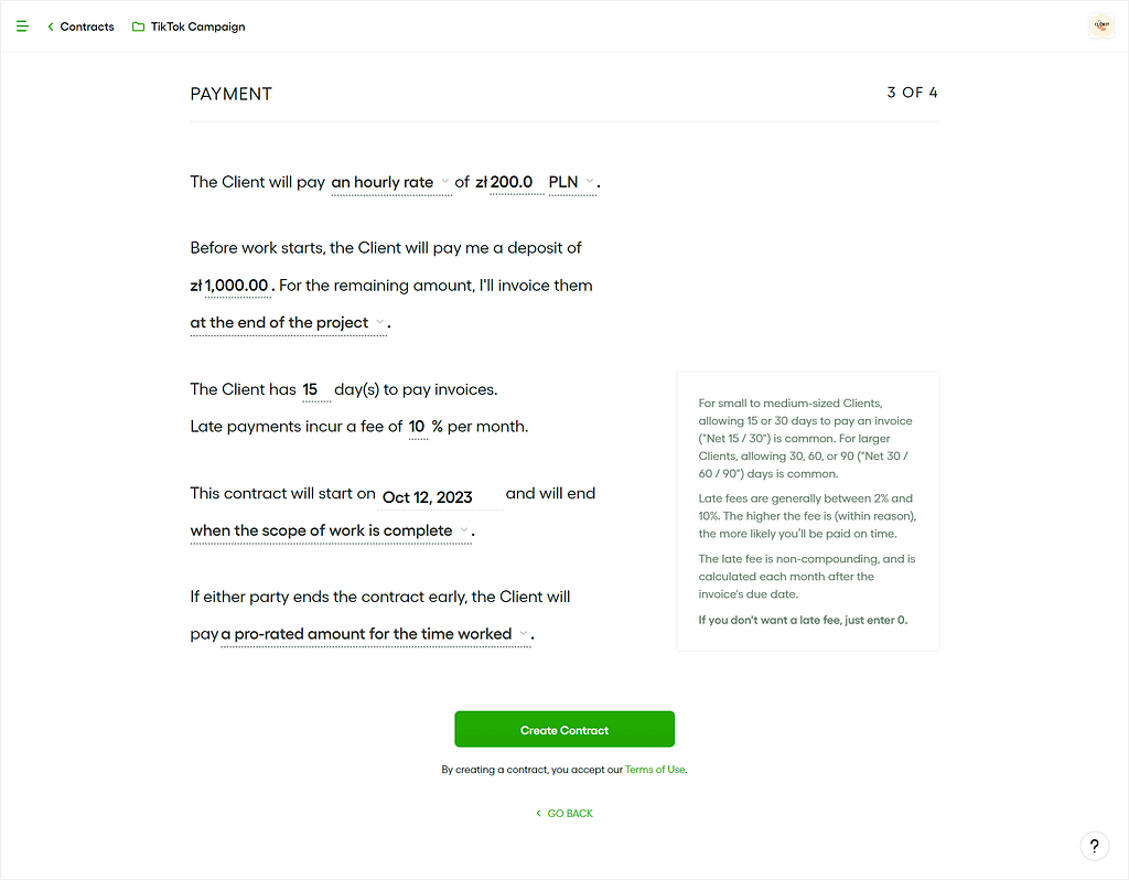 Bonsai's step-by-step contract creator
