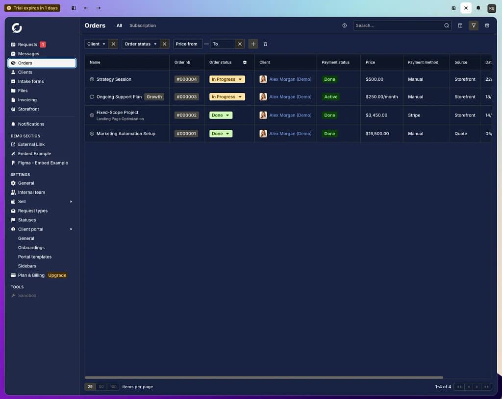 orders dashboard in client portal zendo 4.0