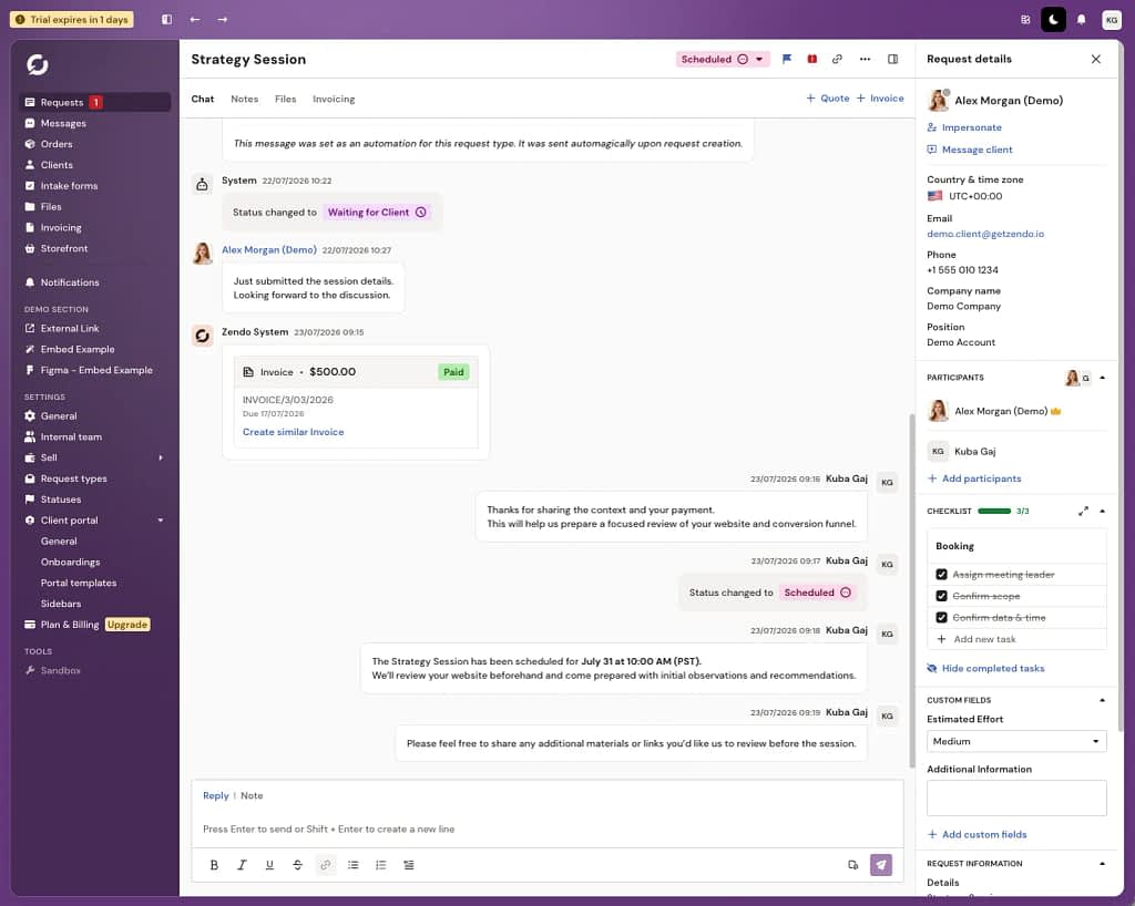 communication via client chat in client portal zendo 4.0