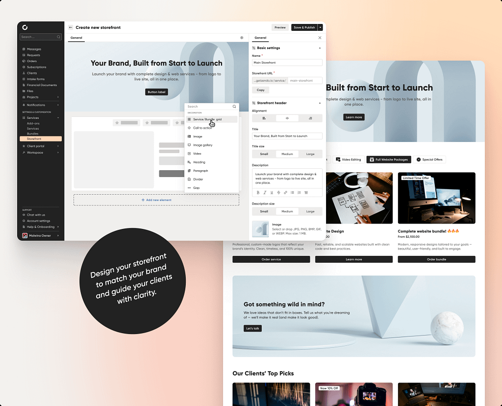 storefront building feature in client portal Zendo 3.0