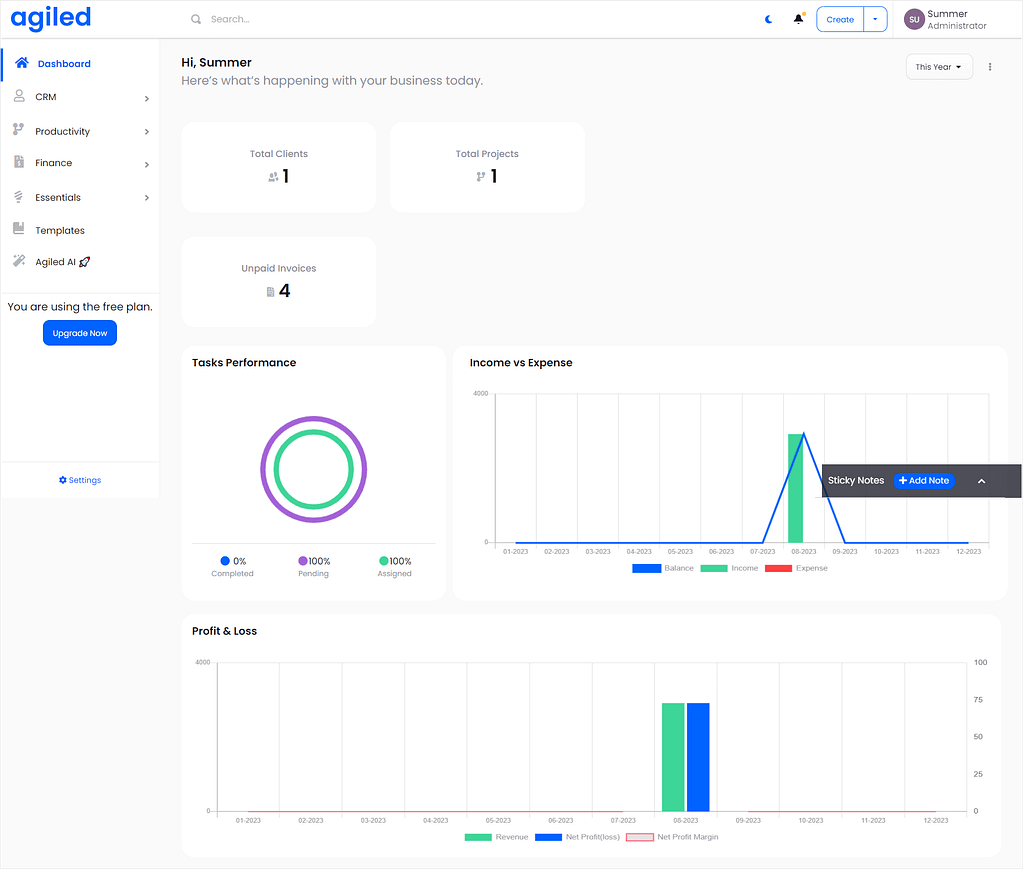 Agiled's main dashboard