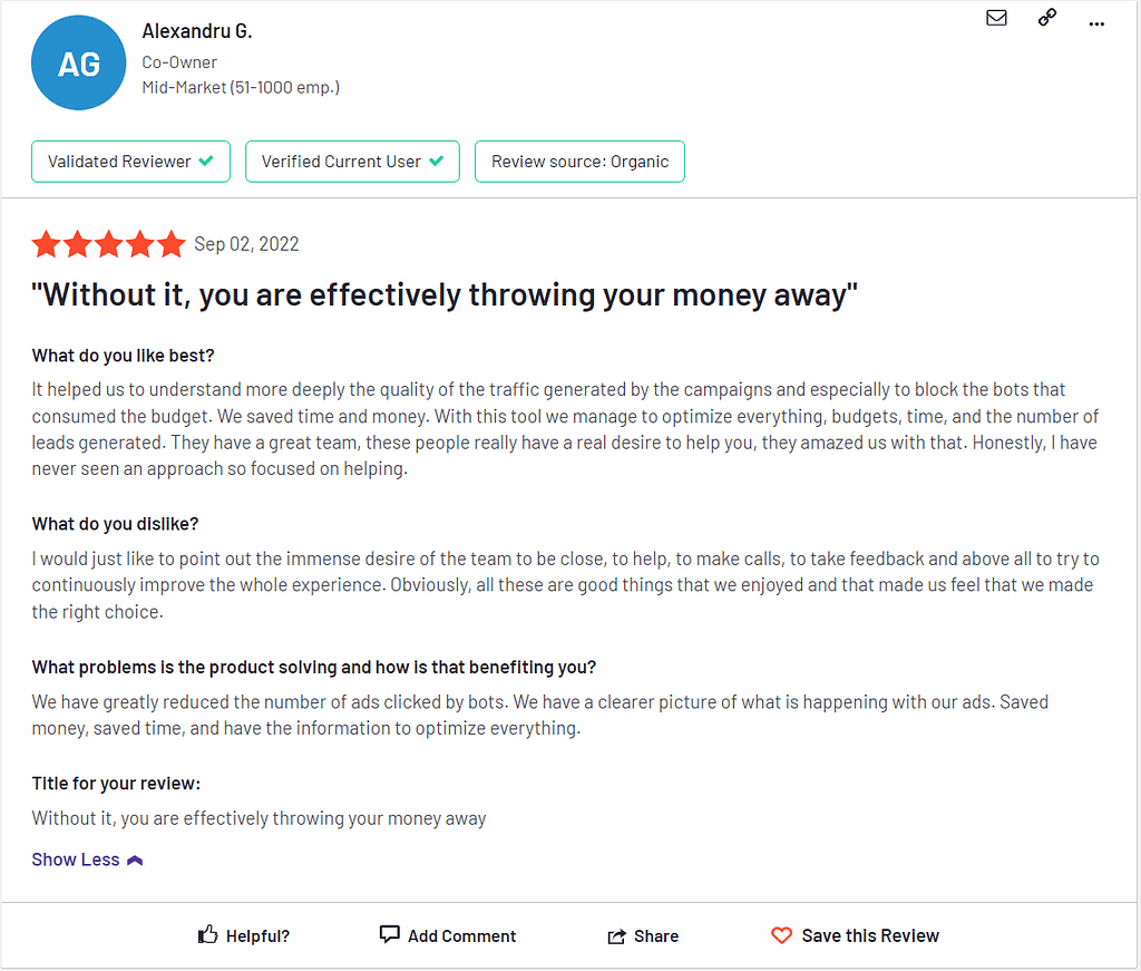 Customer acquisition tools: ClickCease g2 review