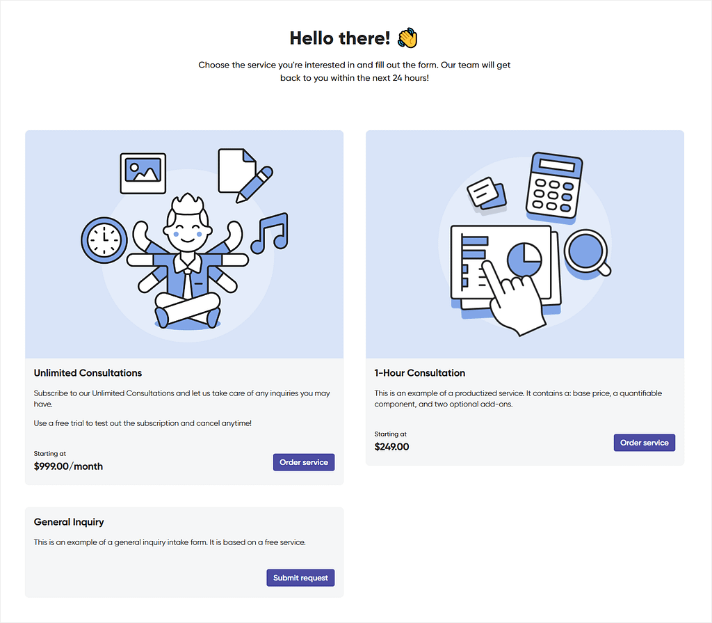 Example Service Catalog in Zendo: helps gather your services so that clients can self-serve in purchasing them